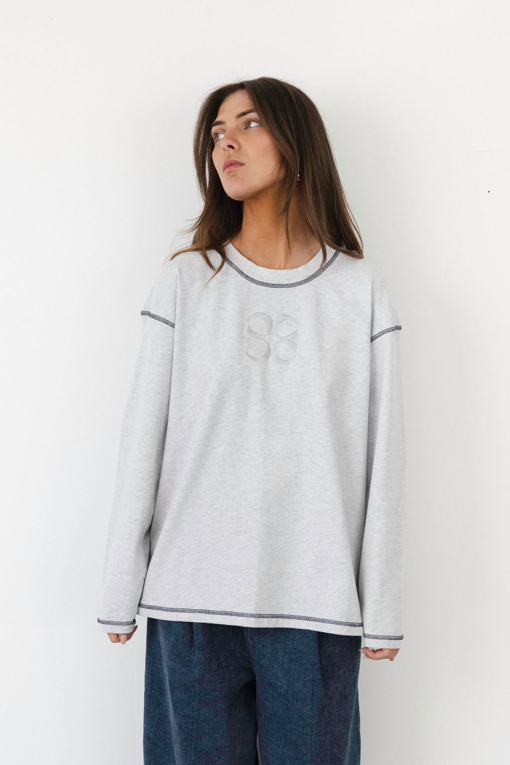 Coucou Gin tonic tee long sleeve - Light grey melange with navy stitching 