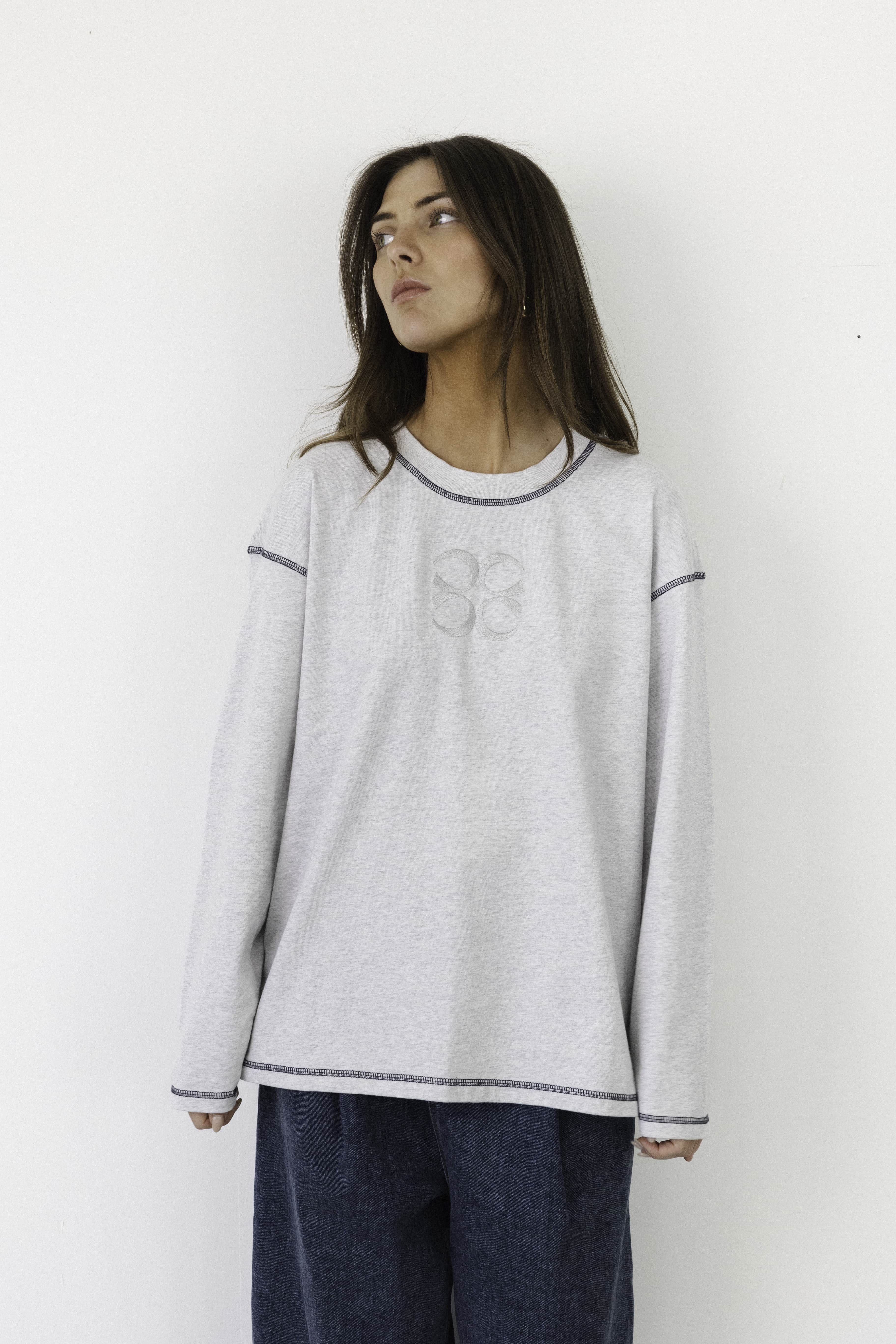 Coucou Gin tonic tee long sleeve - Light grey melange with navy stitching 
