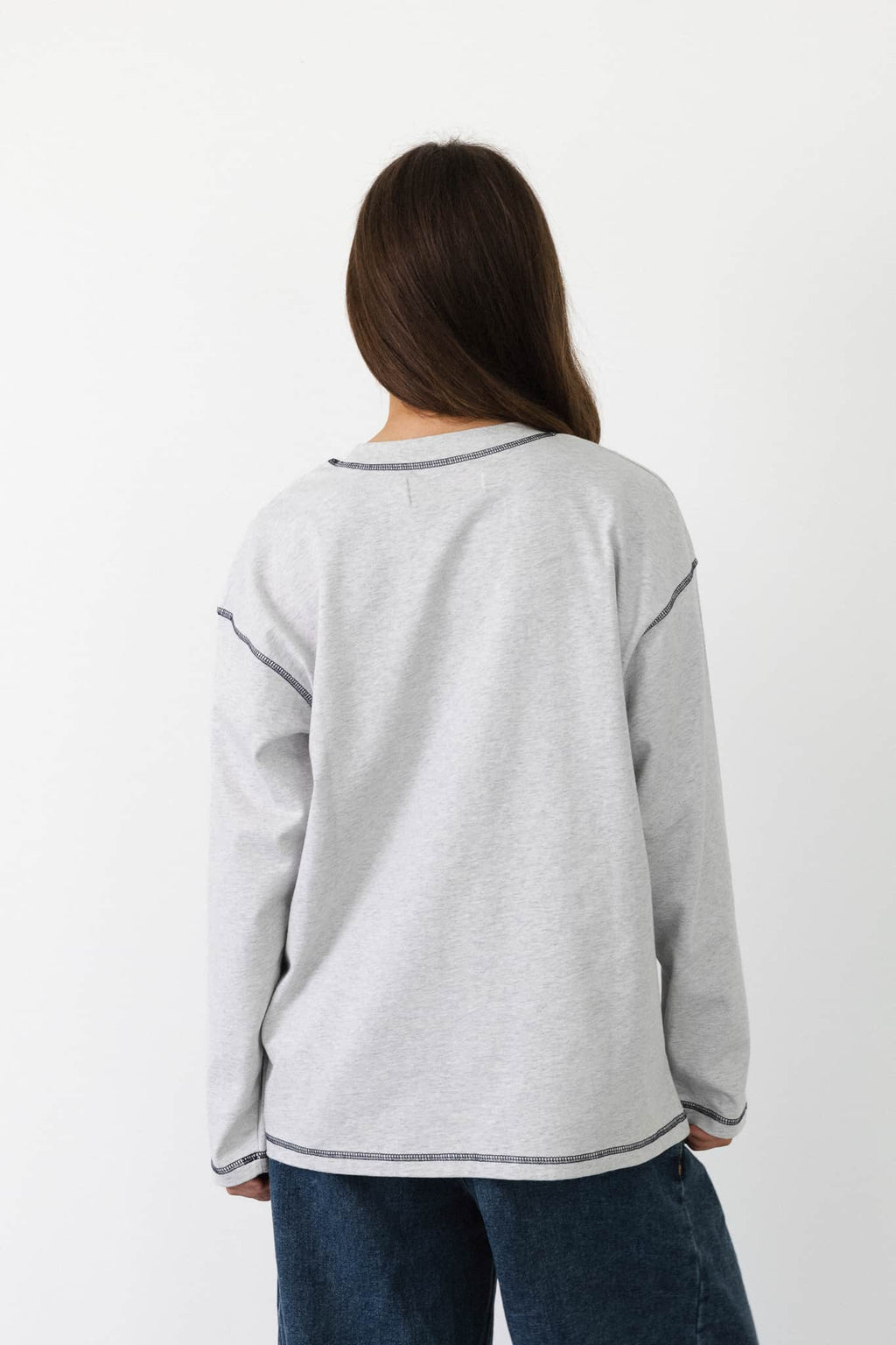 Coucou Gin tonic tee long sleeve - Light grey melange with navy stitching 